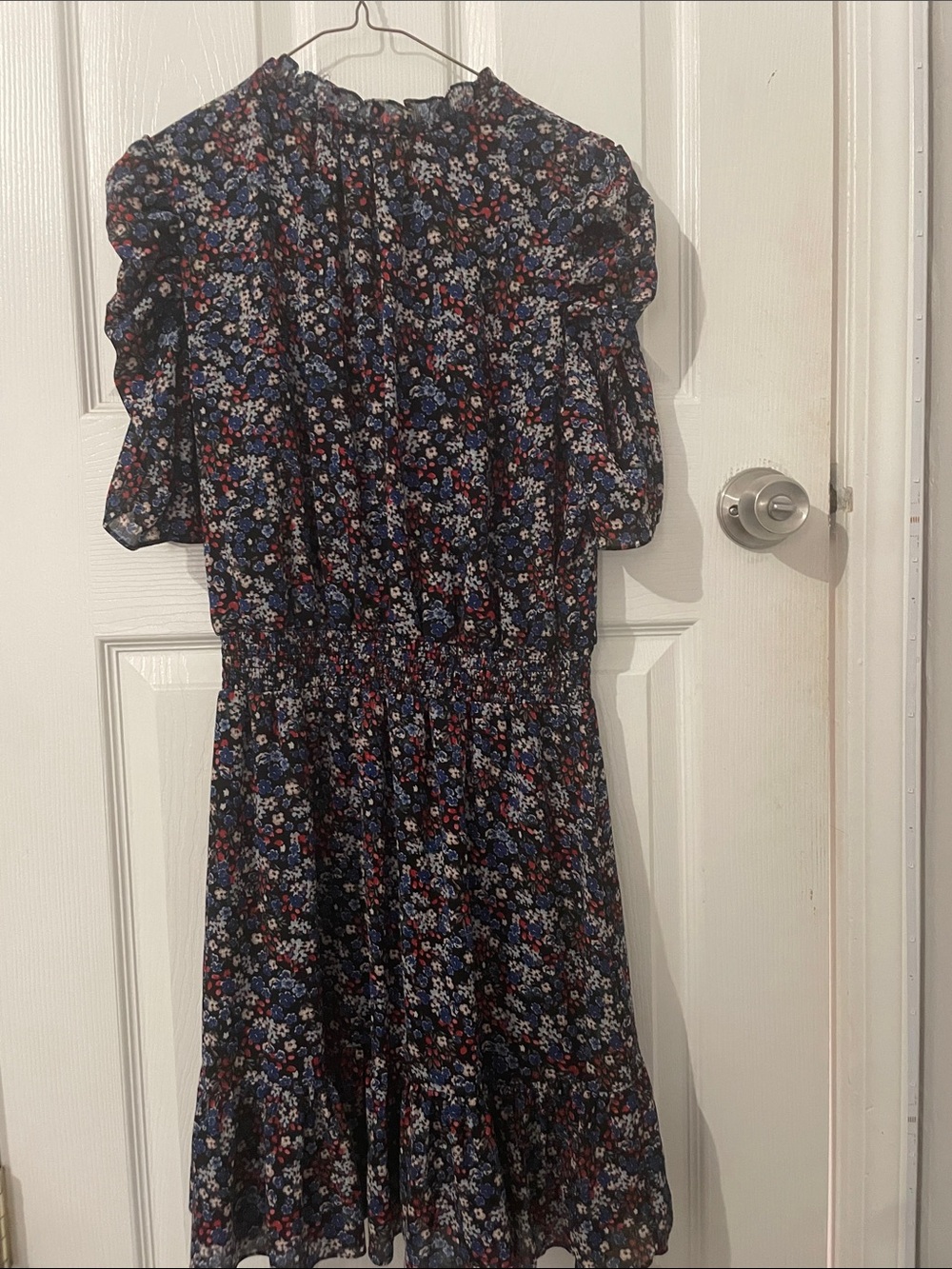 MSK Navy Floral Short-Sleeve Smocked-Waist Dress